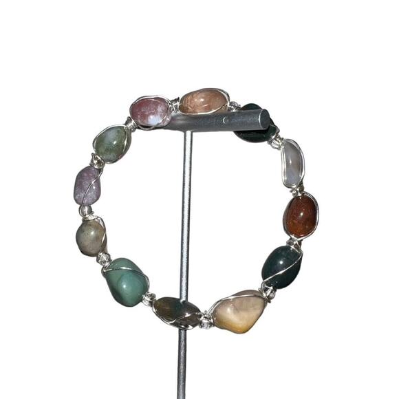Multicolored Woven Stone Bracelet with Silver Elements Slip On Fashion Jewelry - Picture 3 of 7